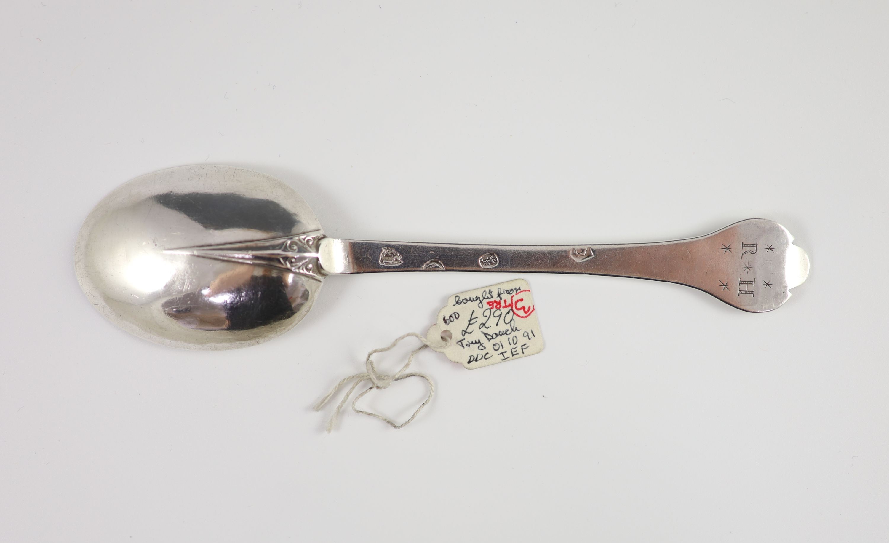 A Charles II silver trefid spoon, initaled ‘R.H’, London, 1681 by John King, 20cm long, 2oz.